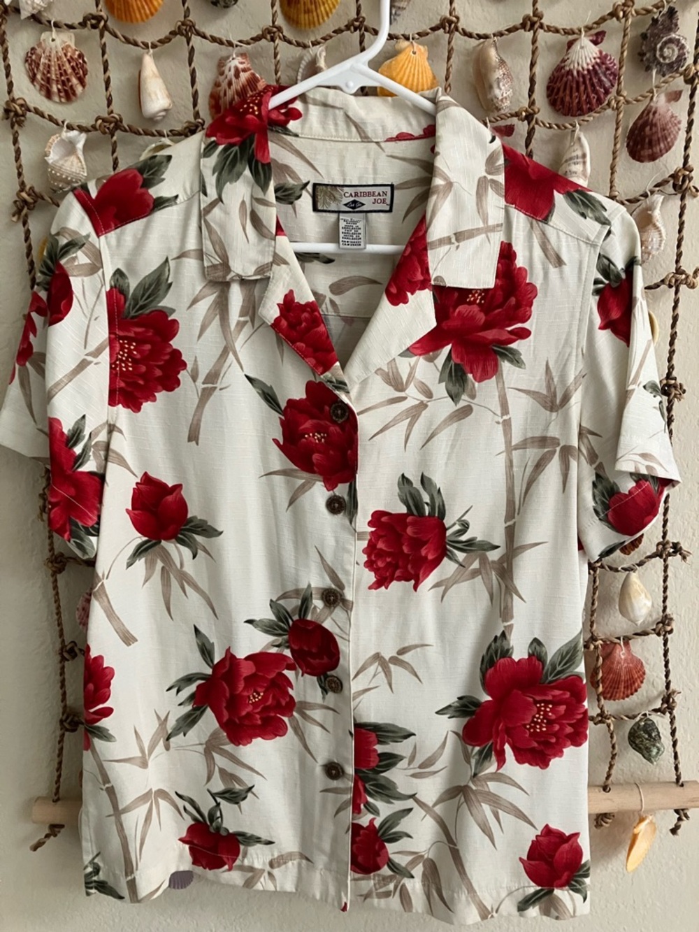 Caribbean Joe Cream Shirt with Red Floral and Green Leaves